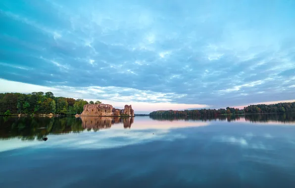 Деревья, природа, озеро, отражение, замок, руины, Латвия