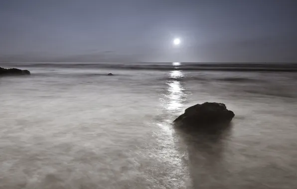 Картинка море, камни, луна, Ночь
