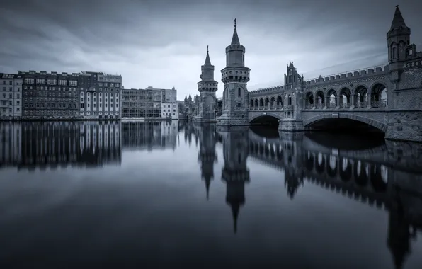 Картинка мост, город, отражение, река, здания, Германия, башни, арки