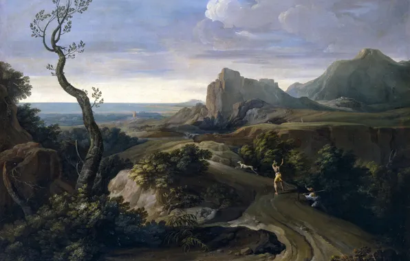 Картинка дерево, скалы, собака, картина, охотник, Коррадо Джаквинто, Пейзаж с Охотниками