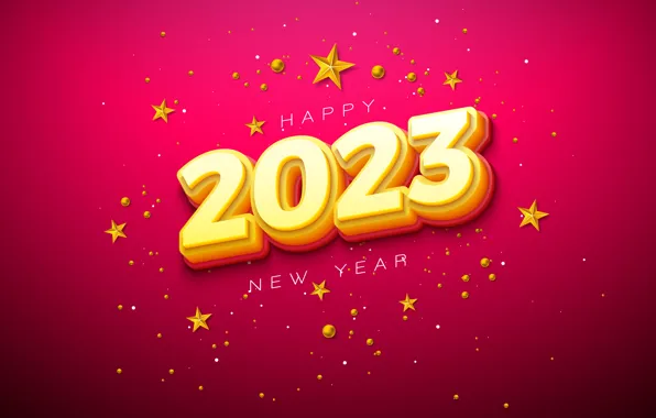 Надпись, цифры, Новый год, розовый фон, звездочки, дата, 2023, Новый 2023 год