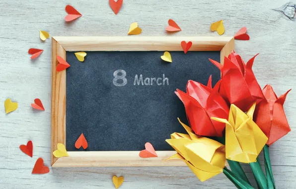 Цветы, бумага, colorful, сердечки, тюльпаны, 8 марта, оригами, tulips