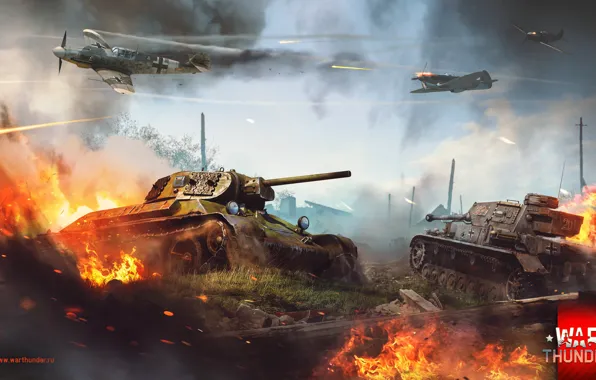 Картинка огонь, грязь, танк, Т-34, War Thunder, Битва за Сталинград