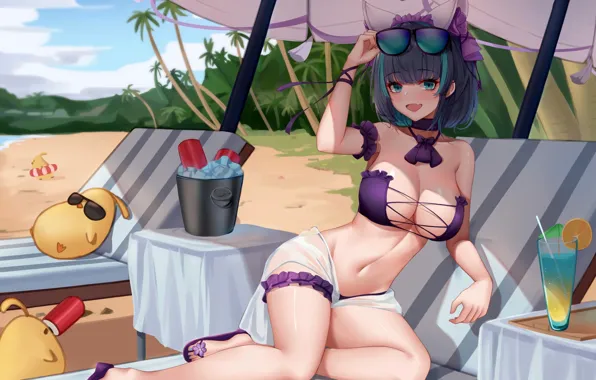 Girl, sexy, cleavage, beach, boobs, anime, beautiful, short hair