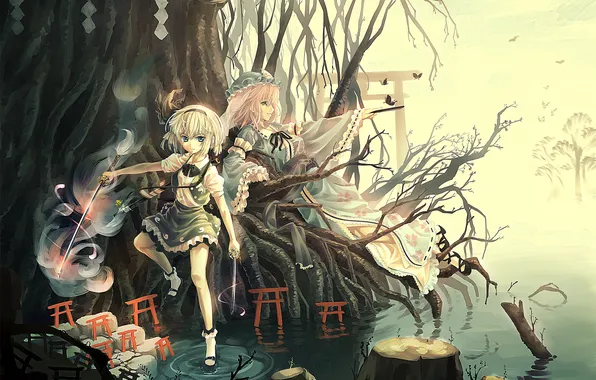 Картинка озеро, девушки, дерево, меч, веер, арт, врата, touhou