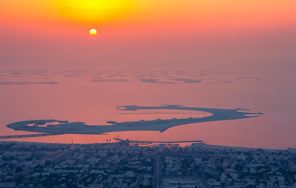 Ocean, sunset, water, sun, houses, orange, reflection, homes