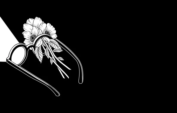 Цветы, Минимализм, Очки, Арт, Art, Black, White, Wallpaper