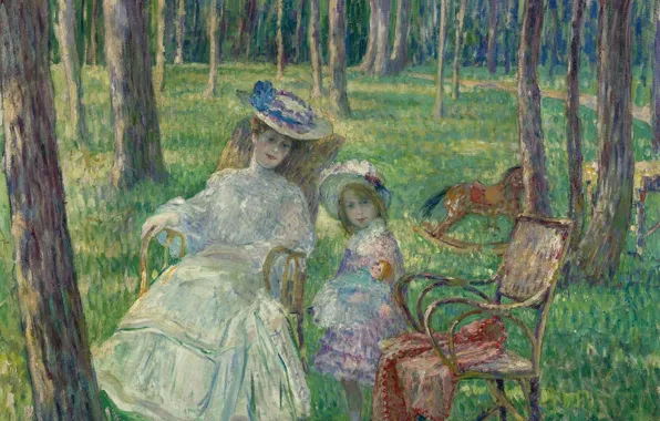 Картина, Henri Lebasque, Анри Лебаск, Мама и Дочка в Парке