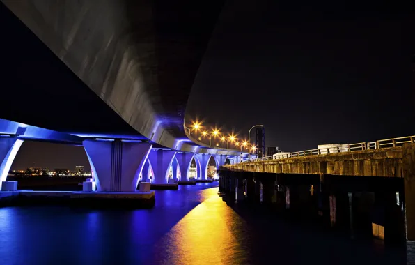 Картинка ночь, мост, город, Маями