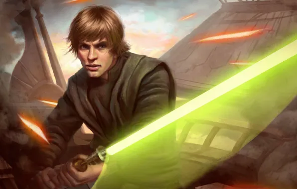 Картинка Star Wars, джедай, световой меч, Luke Skywalker, лазерные лучи