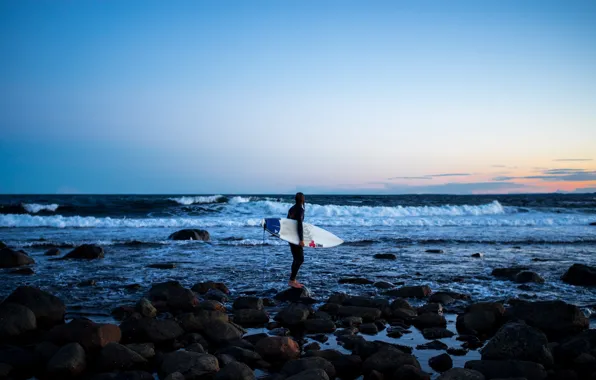 Waves, twilight, sea, sunset, rocks, evening, dusk, surfer