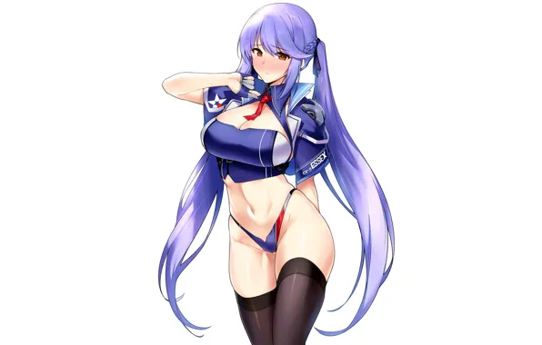 Girl, sexy, cleavage, blouse, thighhighs, long hair, brown eyes, boobs