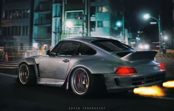 Авто, Ночь, 911, Porsche, Огонь, Машина, Серый, Движение