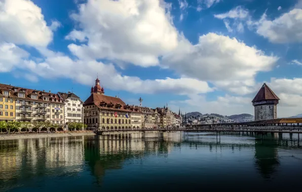 Облака, мост, река, здания, дома, Швейцария, Switzerland, Люцерн