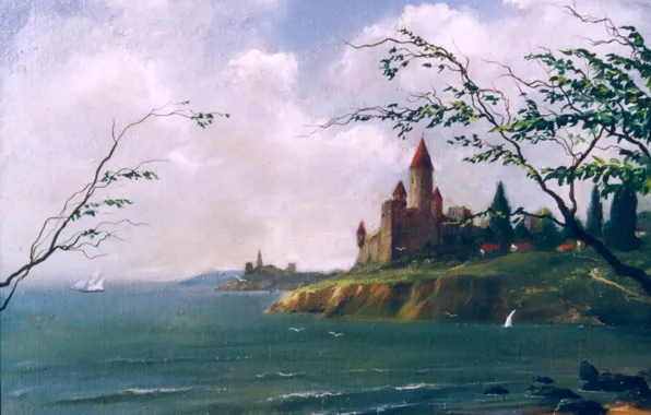 Картинка замок, берег, Морской пейзаж, 1995, Айбек Бегалин