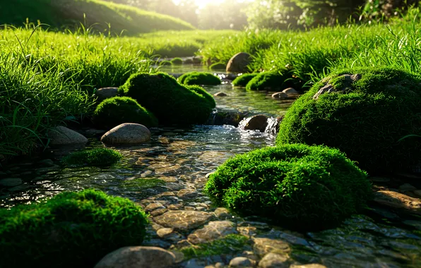 Зелень, трава, вода, солнце, ручей, камни, обои, мох