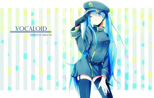 Vocaloid, Hatsune Miku, фуражка, подмигивание, военная форма, черные чулки, козырёк, полосатый фон