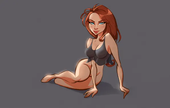 Girl, sexy, cleavage, blouse, red hair, long hair, legs, boobs