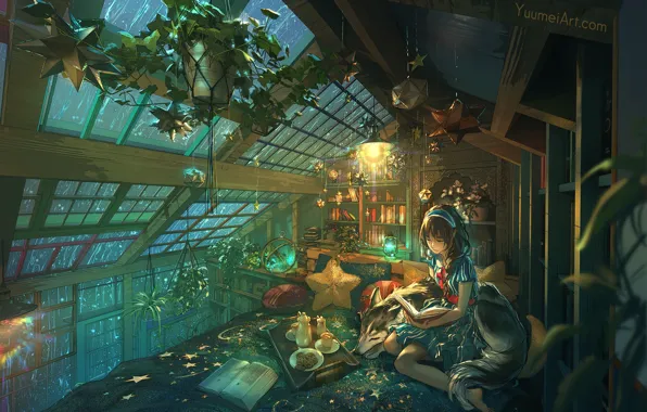 Девушка, дождь, еда, собака, книга, мансарда, by Yuu