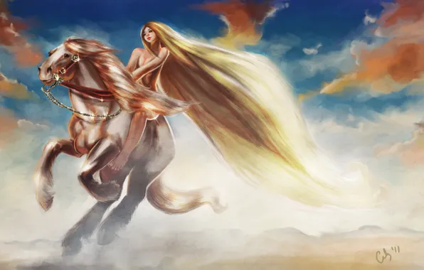 Картинка небо, девушка, облака, животное, конь, арт, грива, длинные волосы