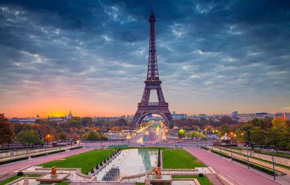 Картинка рассвет, Франция, Париж, панорама, Эйфелева башня