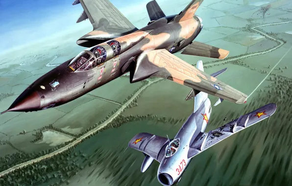 Рисунок, арт, Вьетнам, ВВС США, истребитель-бомбардировщик, Republic, МиГ-17, F-105