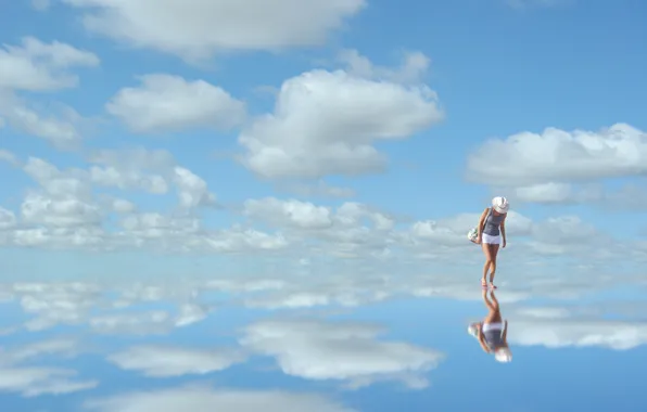 Картинка небо, облака, синий, отражение, женщина, зеркало, sky, woman