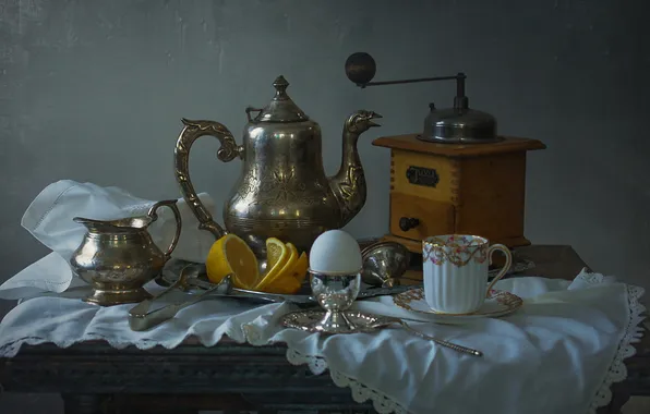 Лимон, Кофе, Утро, Яйцо, чашка, сахарница, Скатерть, Кофемолка