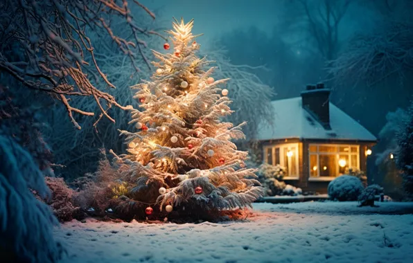 Обои зима, снег, украшения, ночь, шары, елка, Новый Год, Рождество на  телефон и рабочий стол, раздел новый год, разрешение 5824x3264 - скачать