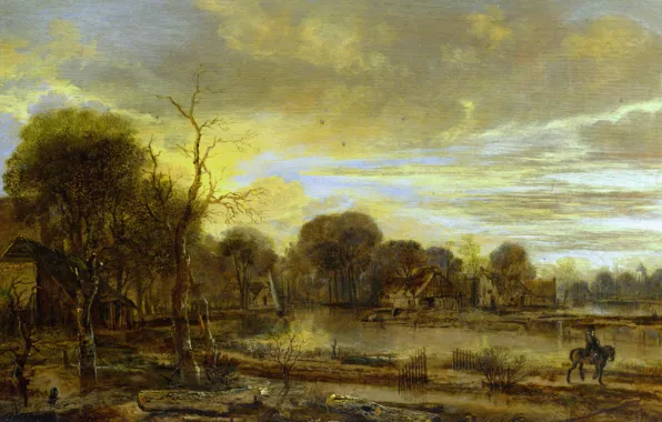 Пейзаж, природа, картина, Арт Ван дер Нер, Aert van der Neer, Речной Пейзаж с Деревней