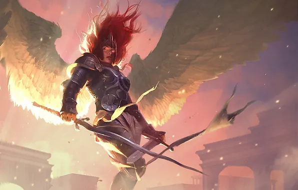 Картинка девушка, солнце, оружие, ветер, крылья, меч, арт, рыжая