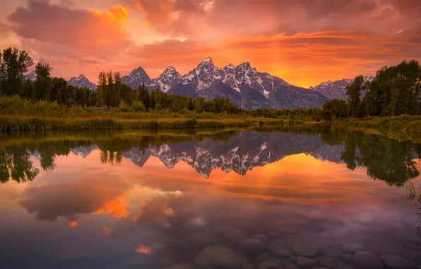 Небо, закат, горы, озеро