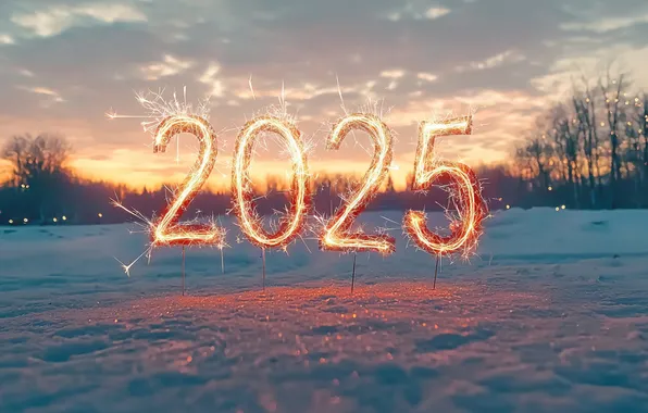 Зима, снег, цифры, дата, 2025, ИИ-арт, нейросеть, Новый 2025 год