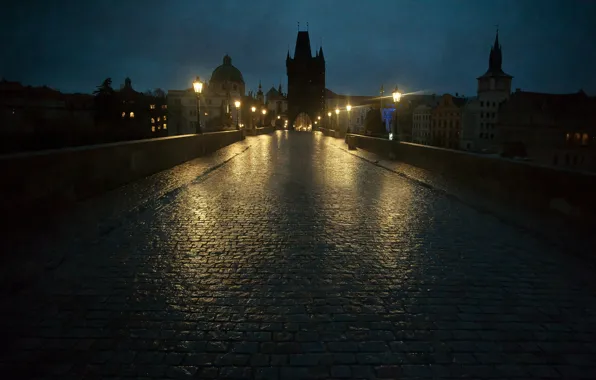 Картинка ночь, огни, Прага, фонари, Карлов мост
