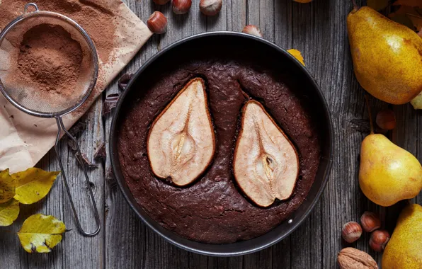 Листья, доски, шоколад, пирог, орехи, груши, фундук, какао