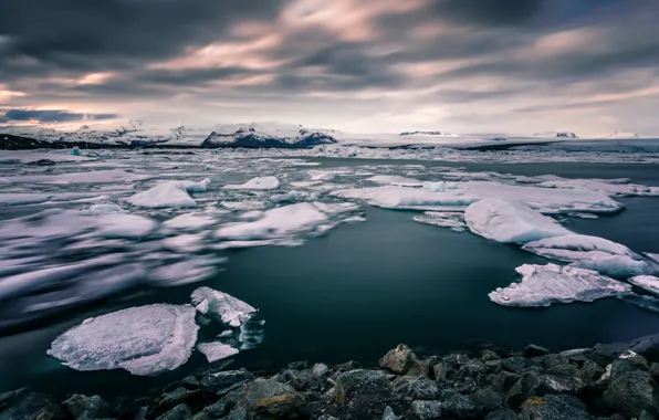 Картинка зима, горы, океан, берег, льдины, Скандинавия, South Iceland