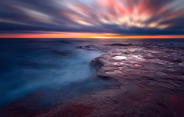Картинка небо, закат, океан, скалы, вечер, выдержка, Калифорния, США
