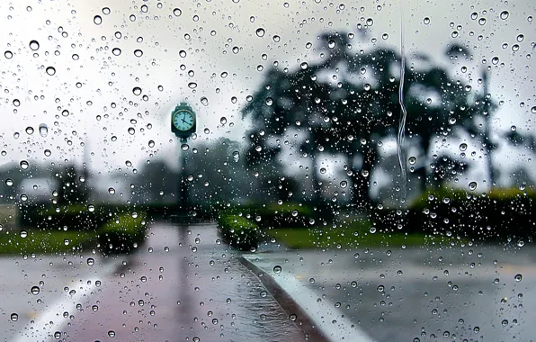 Картинка капли, город, дождь, часы