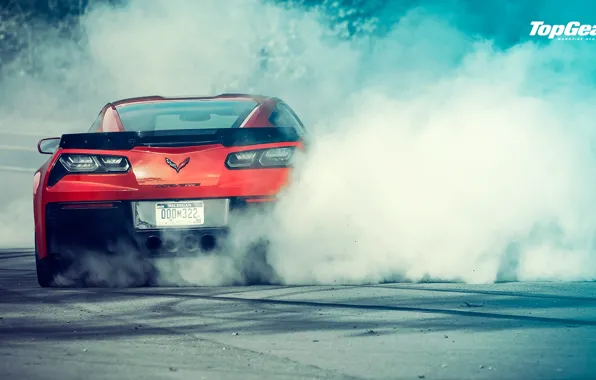 Картинка Z06, Corvette, Chevrolet, Top Gear, Red, Power, Smoke, Rear