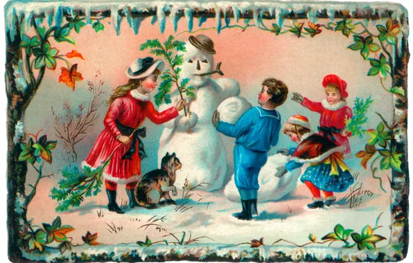 Картинка зима, кошка, дети, девочки, мальчик, снеговик, открытка