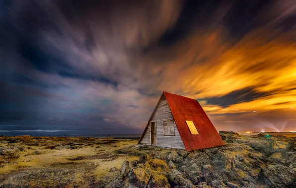 Небо, звезды, свет, ночь, дом, Исландия, Larry Gerbrandt photography