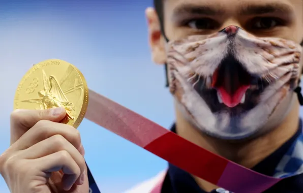 Маска, медаль, Олимпиада, плавание, победитель, 2020, Olympics