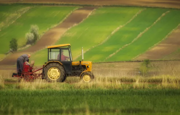 Field, tractor, country men