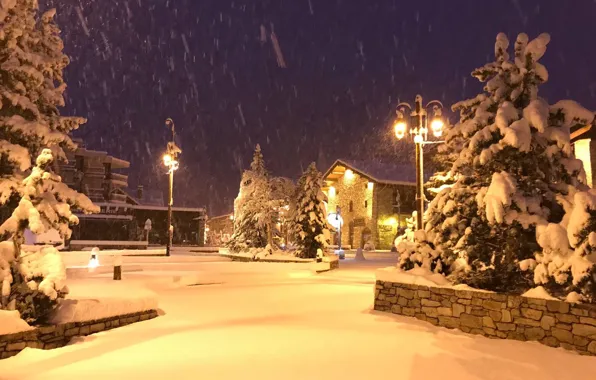 Франция, Зима, Ночь, Снег, Winter, France, Night, Snow