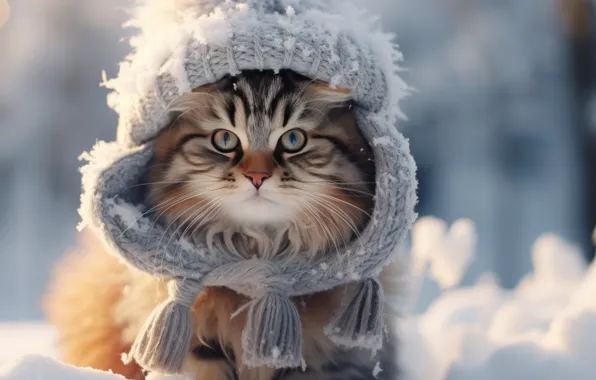Зима, кошка, кот, снег, котенок, Рождество, Новый год, полосатый