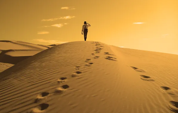 Картинка солнце, природа, барханы, пустыня, путешественник, дюны, мужчина, путник