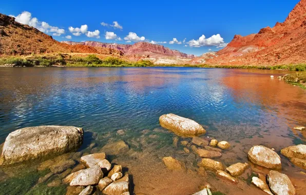 Река, скалы, Колорадо, останцы, Colorado river and cliffs blue sky
