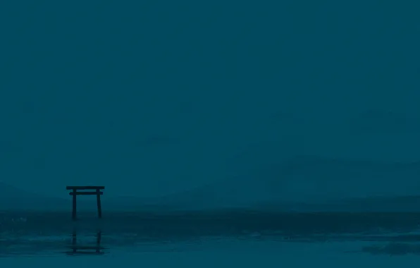 Вода, горы, туман, сумерки, Тории