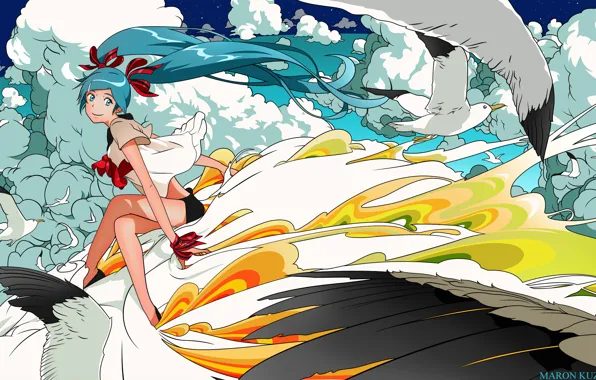Картинка vocaloid, крылья, улыбка, полет, длинные волосы, облака, чайки, hatsune miku
