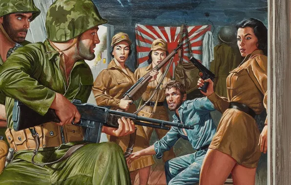 Картинка оружие, девушки, рисунок, флаг, арт, освобождение, пленник, американские солдаты